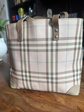 Beige Plaid Canvas Tote Bag with Tan Trim